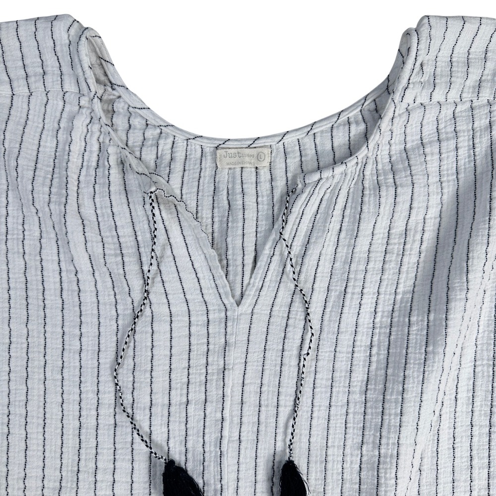 Just Us Girls Striped Tassel V Neck Gauze Top Women's L Casual Beach Summer